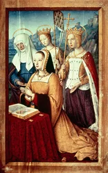 Ms lat 9474 f.3v Anne van Bretagne met St. Anne, St. Ursula en St. Helen, miniatuur uit de Grandes Heures van Anne van Bretagne, c.1503-8